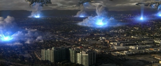 謎の物体群と青い光